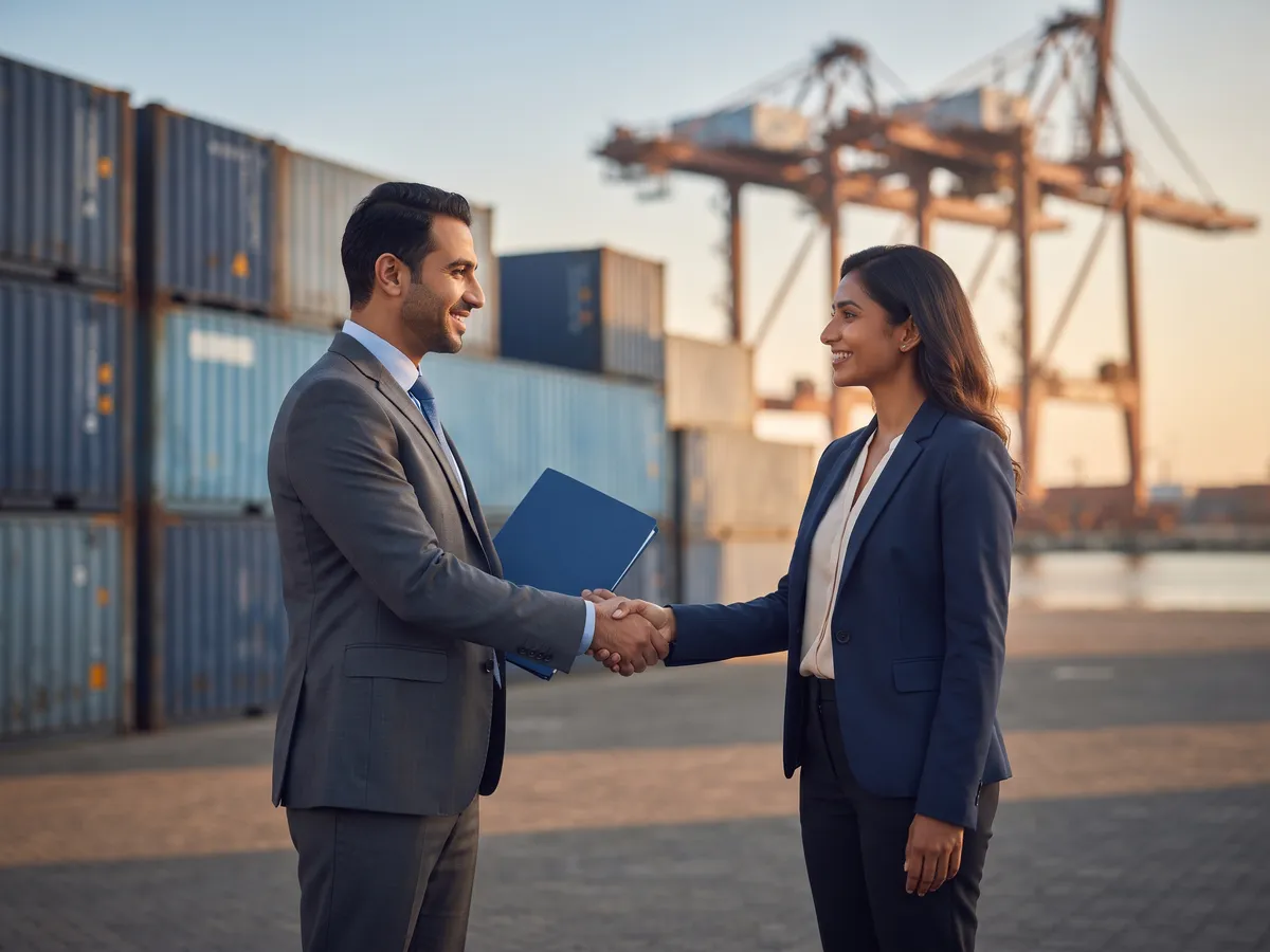 Business partners shaking hands at a container port
