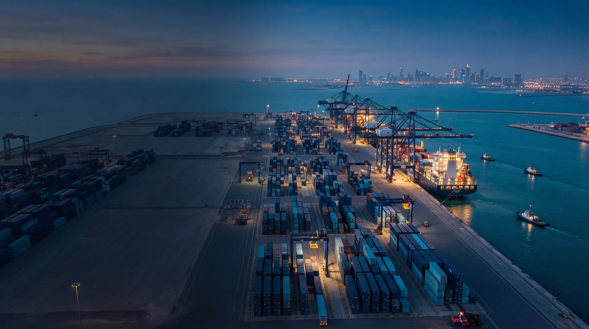 Container port in the UAE at dusk with cargo ships and cranes