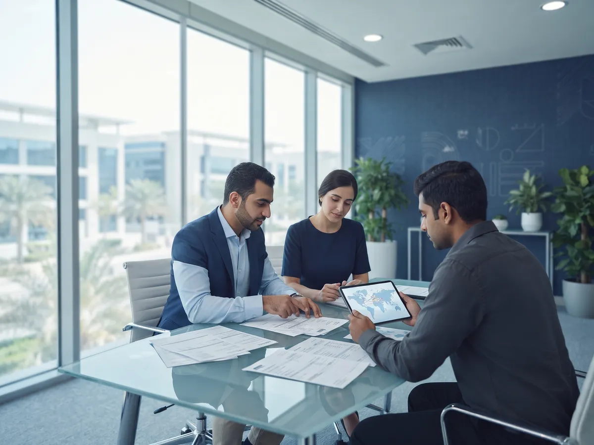 Trading team reviewing shipment documents in a bright office